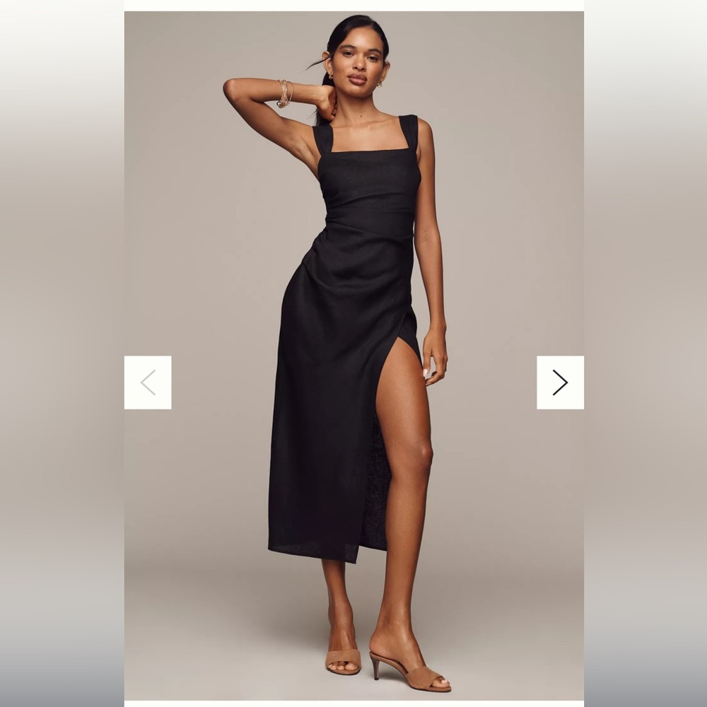 Reformation Black Clement Linen Side-Slit Midi Dress